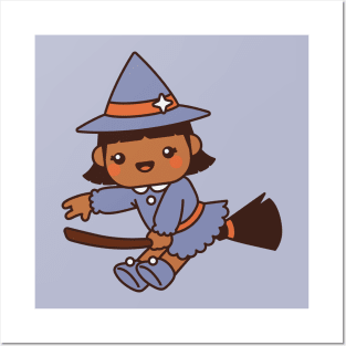Cute Kawaii Witch Kid Flying on a Broomstick Posters and Art